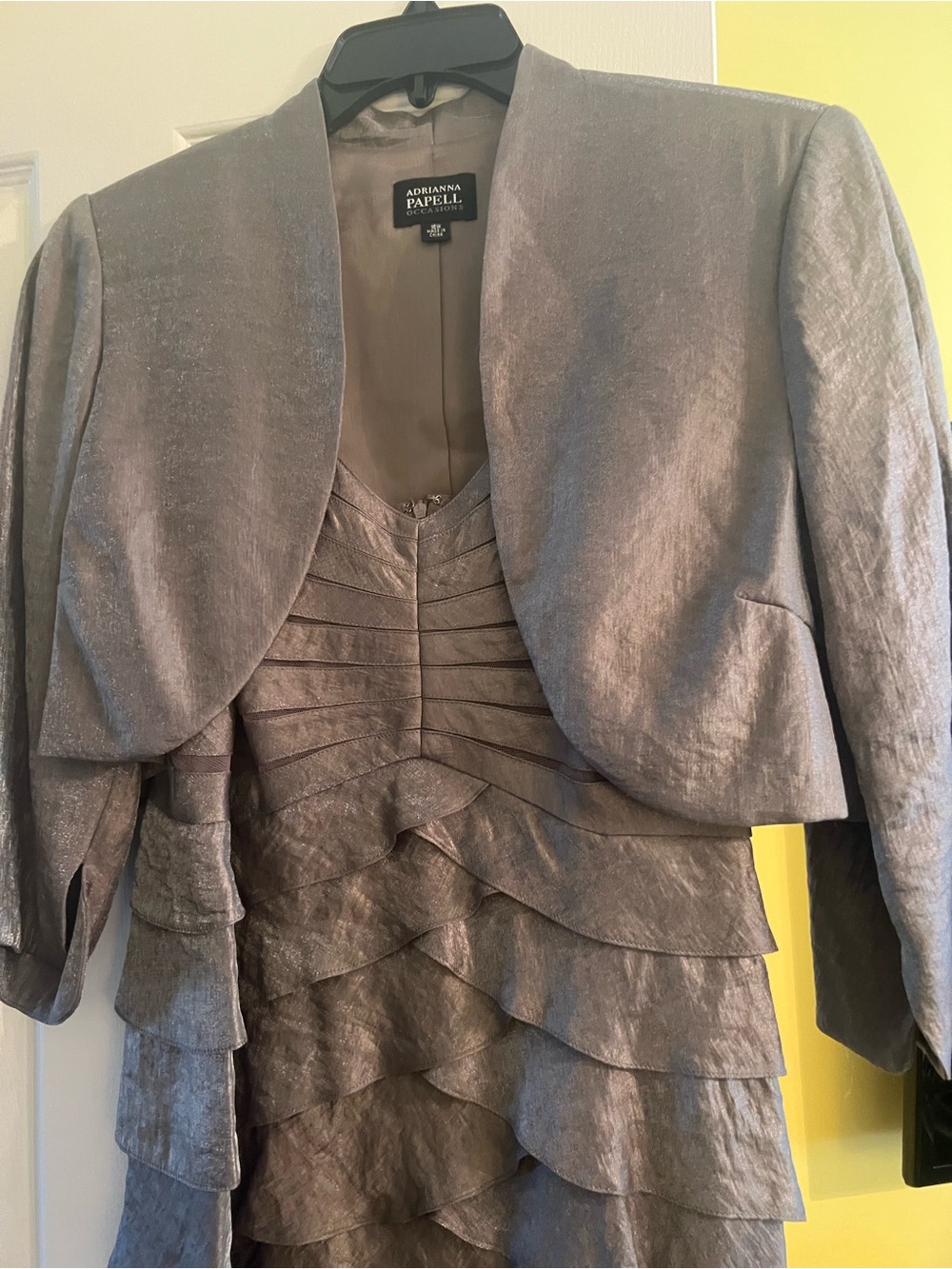 Adrianna Papell Layered V-Neck Midi Dress in Taupe with Jacket